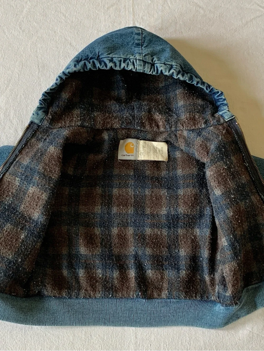 Carhartt Vintage Blanket Lined Blue Jean Denim Kid’s Hooded Jacket Chore Coat 3T